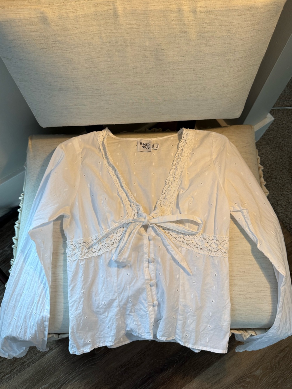 Princess Polly Dominico-White Eyelet Tie-Front Lace Blouse - Picture 2 of 6